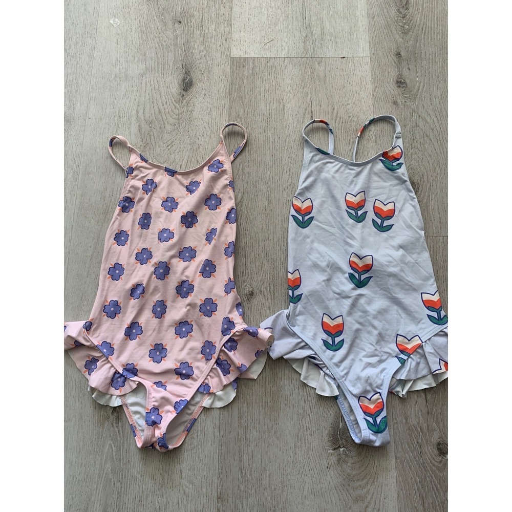 Hello Simone Girls 6A Floral Tulip‎ Ruffle One Piece Swimsuit Set of 2 Pink Blue